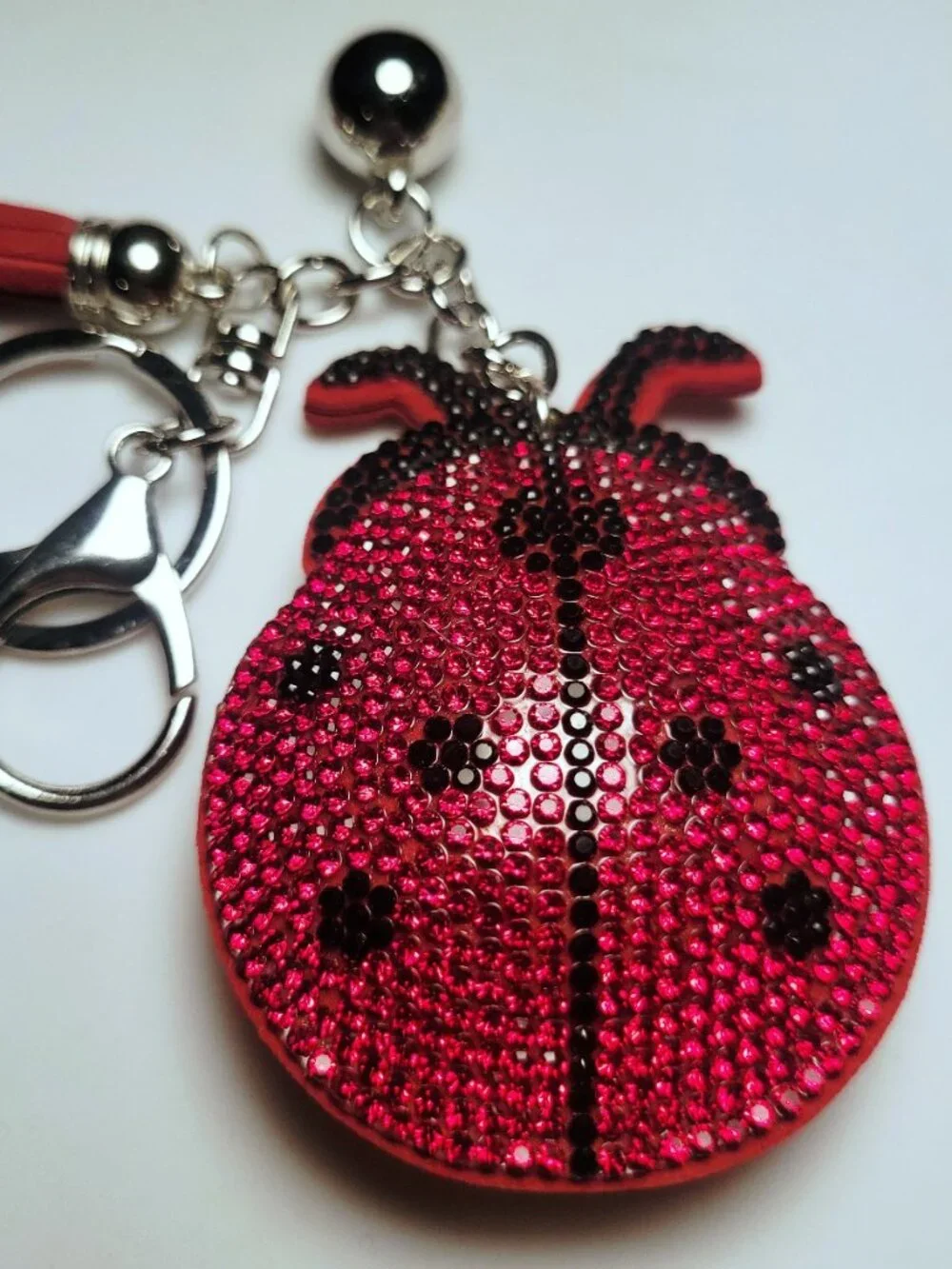 NWT Large Red And Black Silver Puffy Ladybug Keychain Bag Charm With Tassel